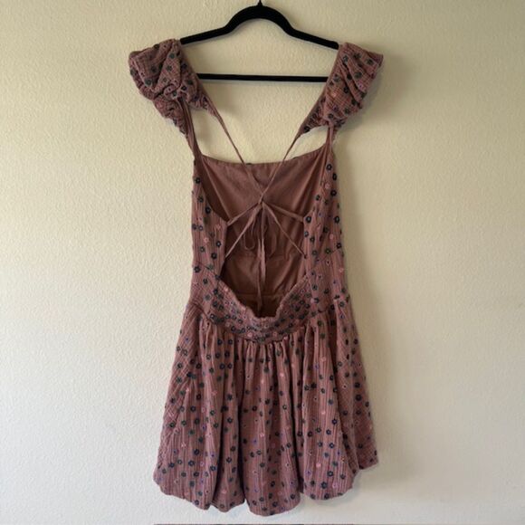 Free People Dizzy Ditsy Bubble Mini Sundress Purple Embroidery Flowers Size L - Picture 4 of 7